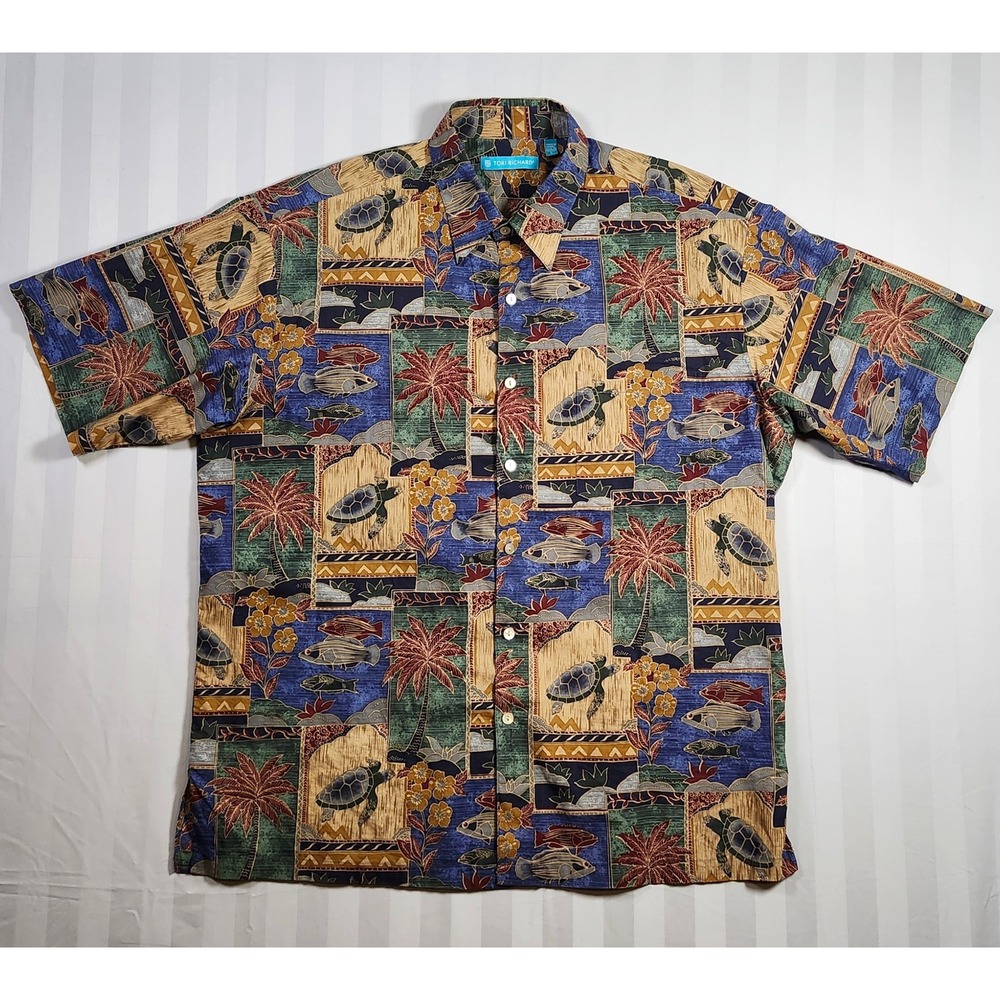 Tori Richard Mens Hawaiian Shirt Large Sea Turtle Fish Palm Tree Made in Hawaii